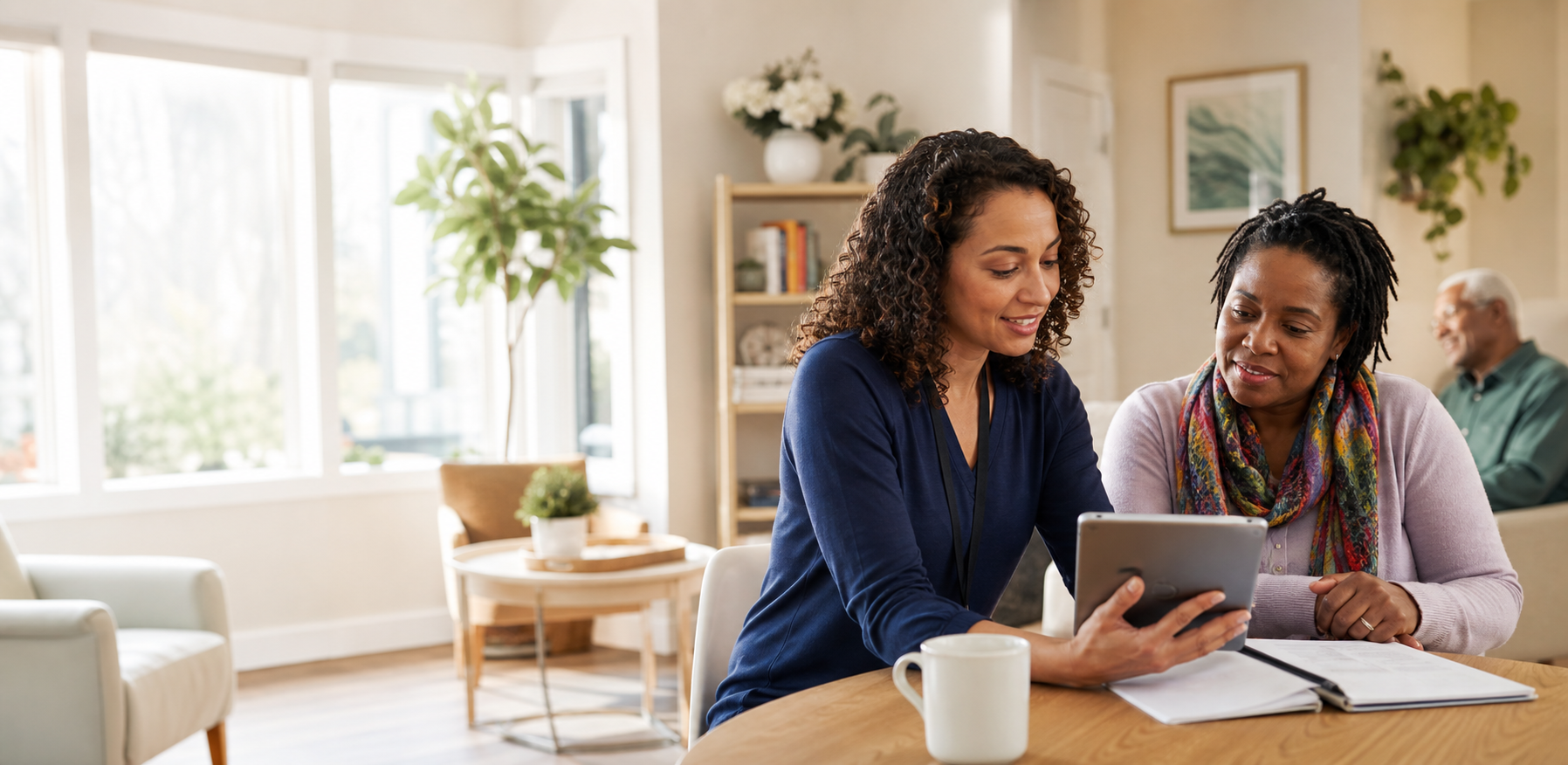 Care coordinator and caregiver reviewing care information on a tablet
